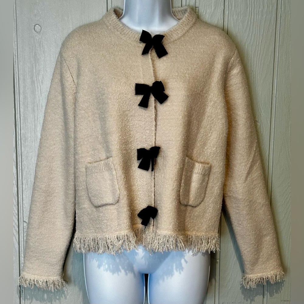 Zara Cream Button-Down Teddy Jacket with Black Bow Details